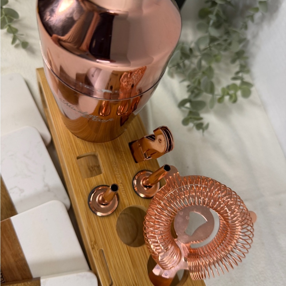 Rose Gold Cocktail Shaker Bar Set w/ Bamboo Stand, Strainer & 4 Coasters - Picture 3 of 10